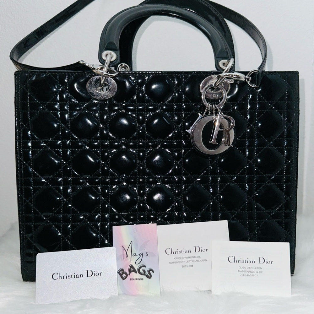 Dior: Lady Dior Charms Patent Enamel Cannage Lambskin Shoulder Handbag (Black) - Picture 14 of 16